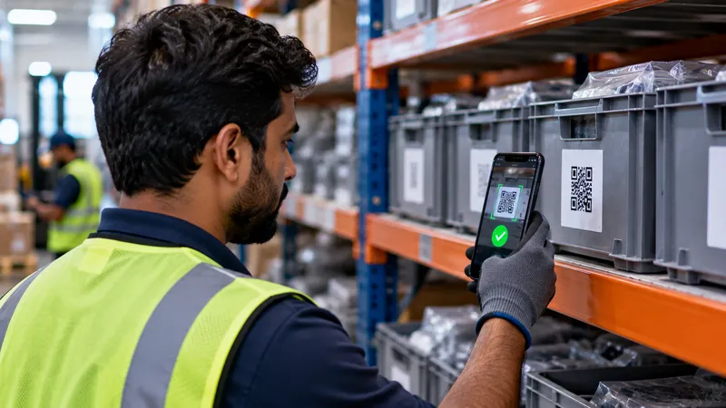 Worker scanning a QR code on a storage bin with a smartphone for accurate inventory