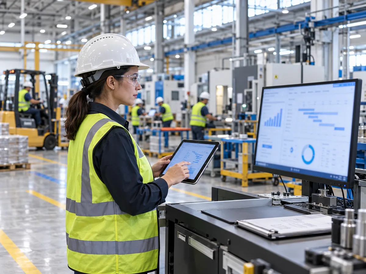 Production manager reviewing a manufacturing ERP schedule on the shop floor of a modern US factory