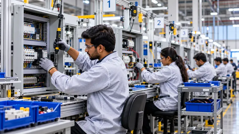 Technicians assembling electrical panels on a discrete manufacturing line