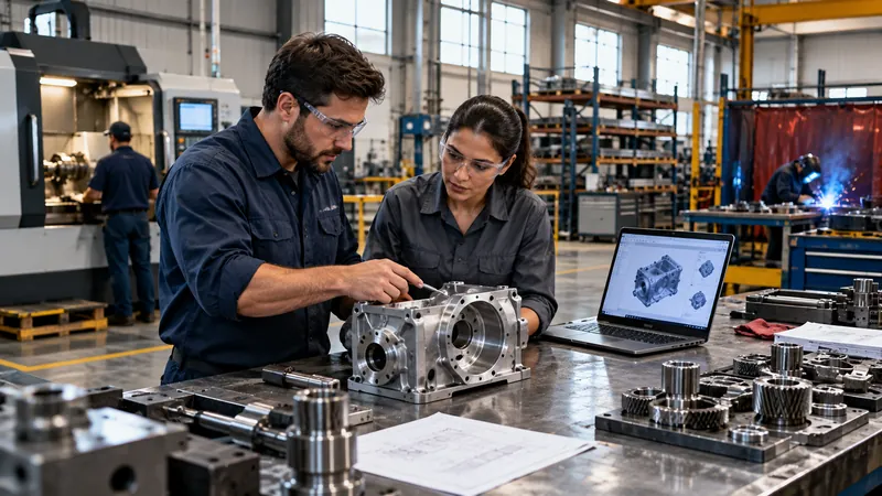 Engineers reviewing a machined gearbox in a fabrication workshop that runs on engineering ERP