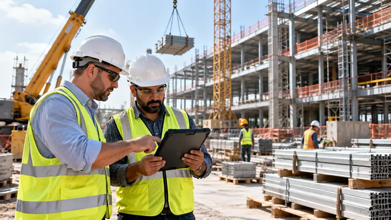 Construction project manager reviewing budgets and procurement on site with an ERP tablet
