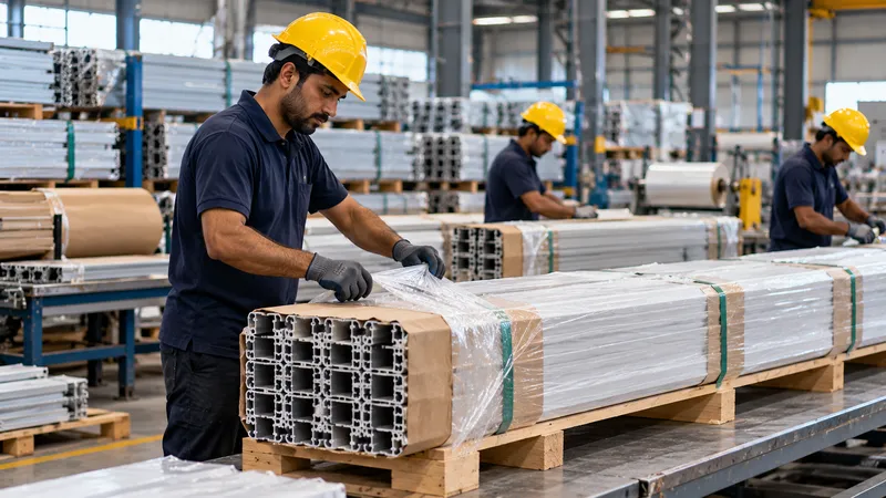 Workers packing bundles of finished aluminium extrusion profiles for dispatch