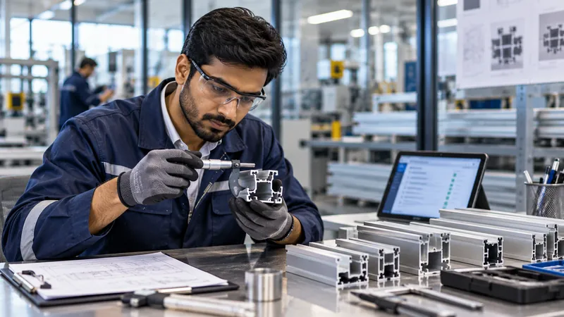 Inspector measuring aluminium extrusion profiles for quality assurance