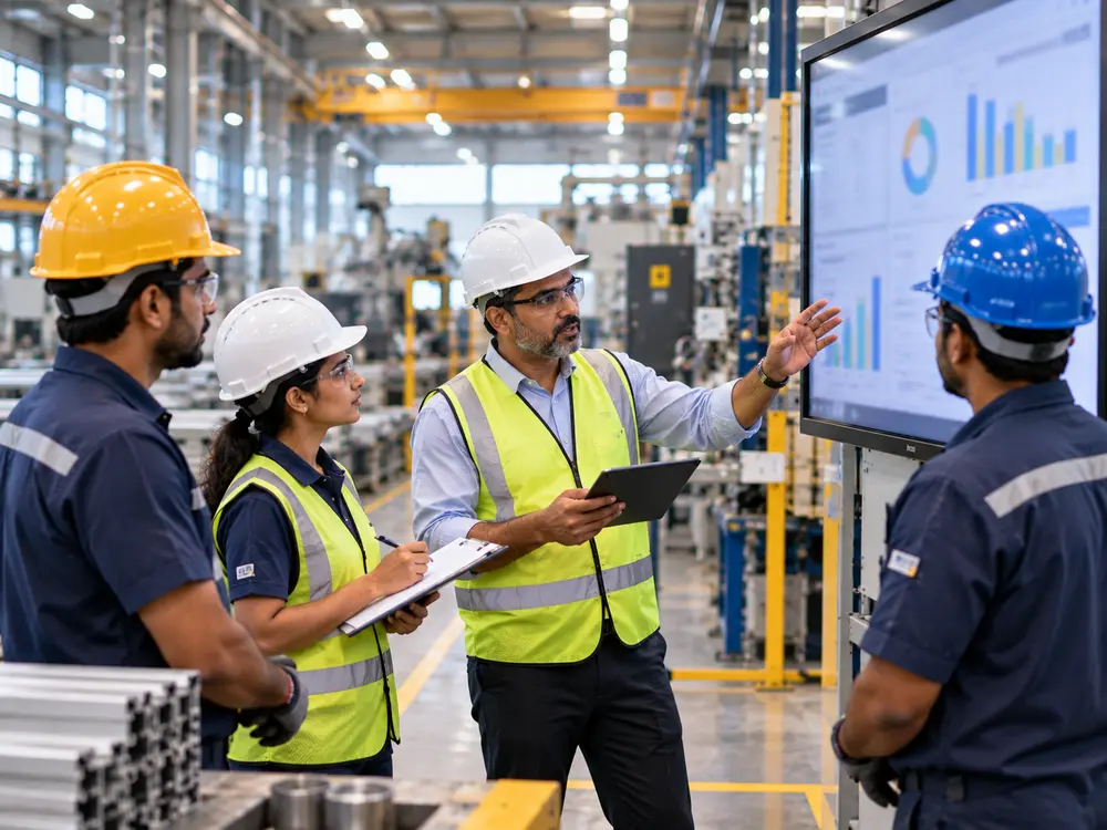 Manufacturing team reviewing production KPIs together at a shop floor dashboard