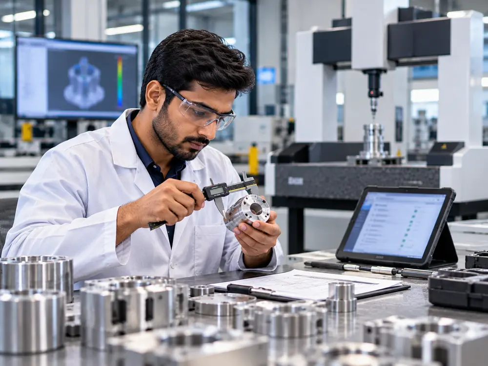 Quality inspector measuring a machined part and recording results for traceability