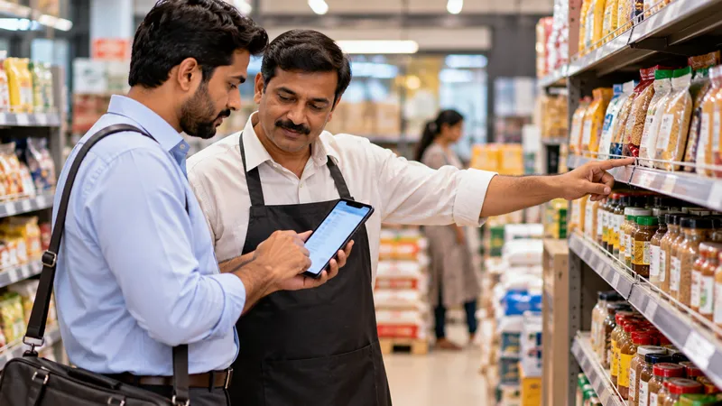 Field sales rep taking a customer order on a mobile sales app inside a retail store