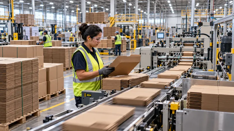 Operator inspecting corrugated boxes on a packaging production line managed with ERP