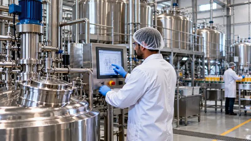 Operator checking a production batch in a food and beverage process manufacturing plant