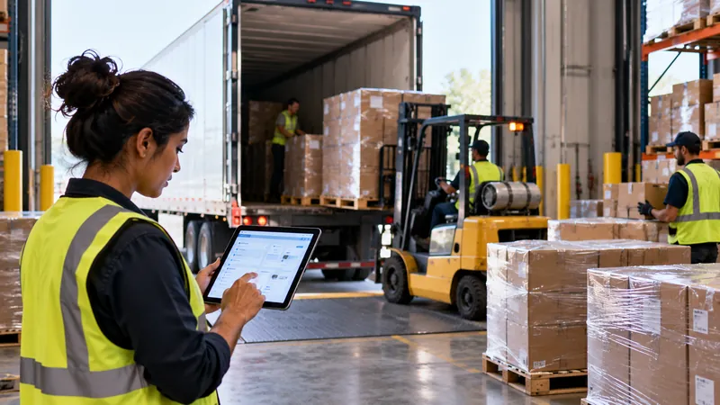Purchasing coordinator verifying an inbound stock replenishment delivery at a warehouse dock