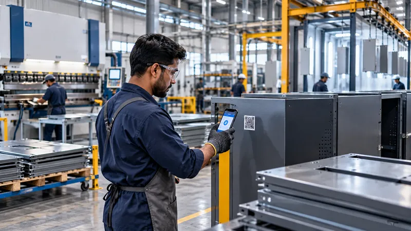 Supervisor scanning a steel furniture panel with a mobile app for real-time shop floor tracking
