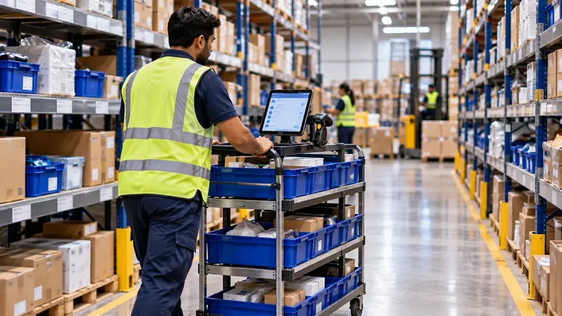 Warehouse picker following a tablet picking app to fulfill orders faster